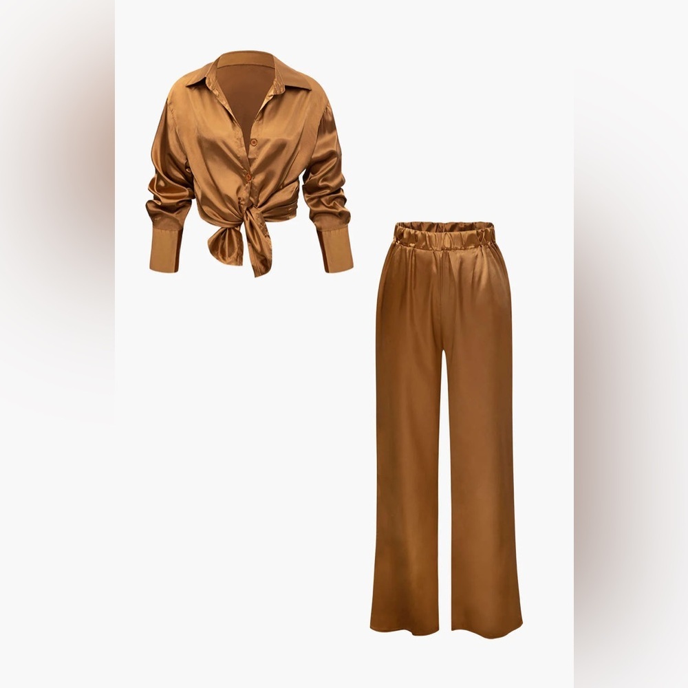 Micas Satin Button Up Long Sleeve Shirt And Pants Set MA1-11